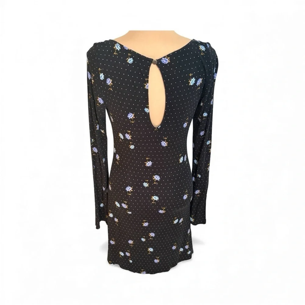 FREE PEOPLE CELIA MINI DRESS BLACK POLKA DOT BLUE FLORAL SIZE SMALL - Picture 4 of 10